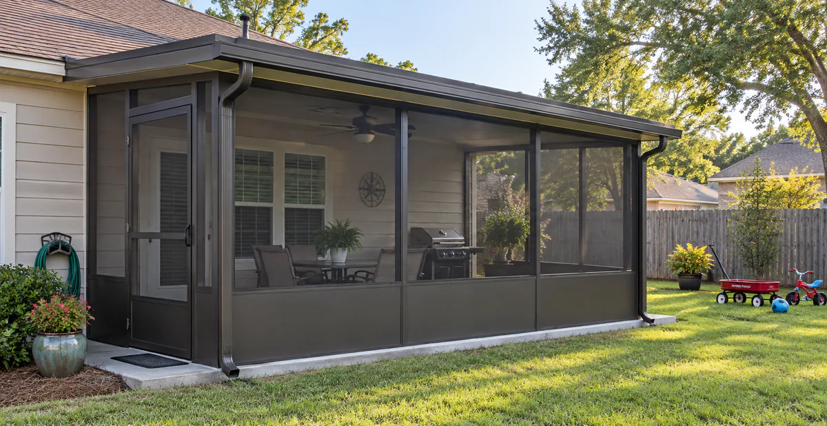 Installed aluminum screen room in a lived-in neighborhood backyard