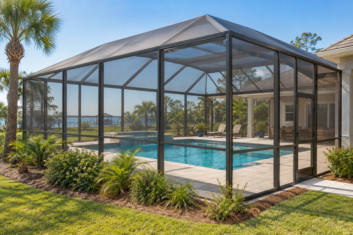 Residential swimming pool inside a full aluminum-framed screen enclosure