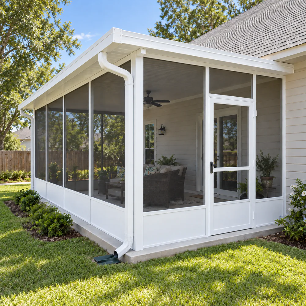 White aluminum screen enclosure showing roofline, framing, door and slab details